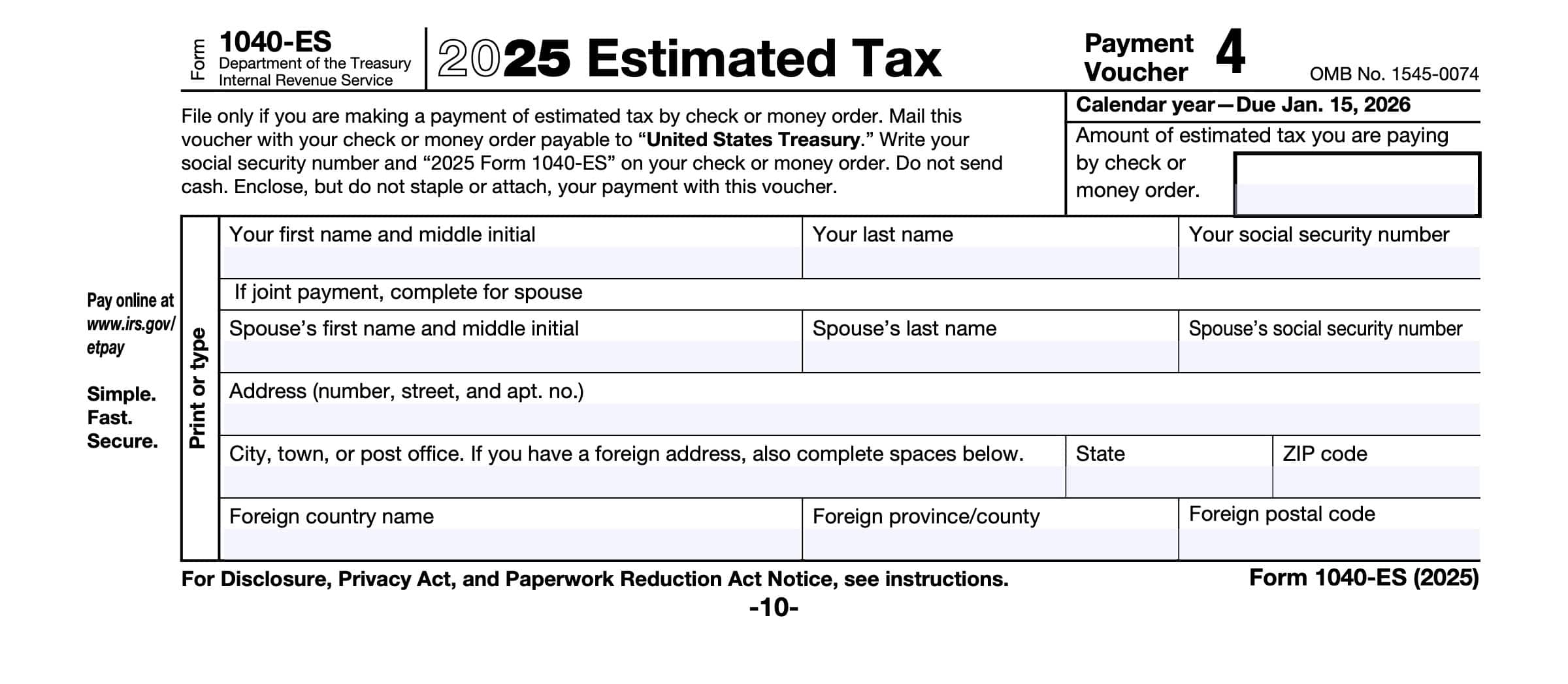 IRS Form 1040-ES 2025